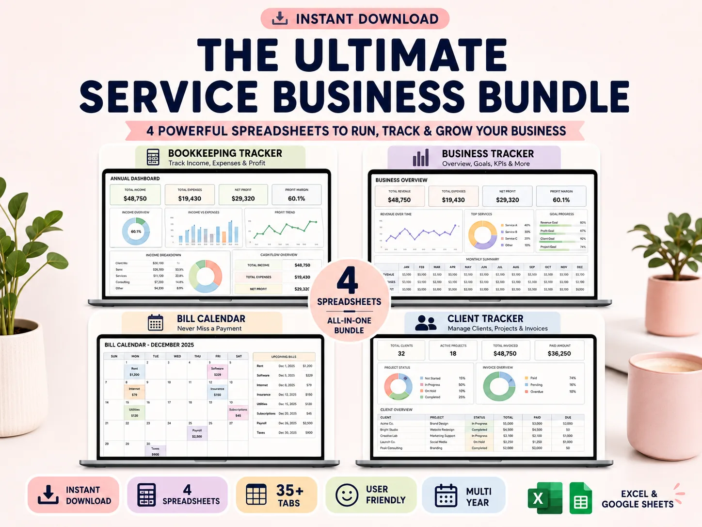 The Ultimate Service Business Bundle - 4 Spreadsheets, 38 Tabs